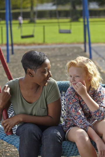 Mum and girl in park on swing