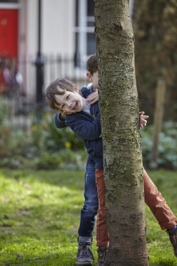 Brothers play around tree